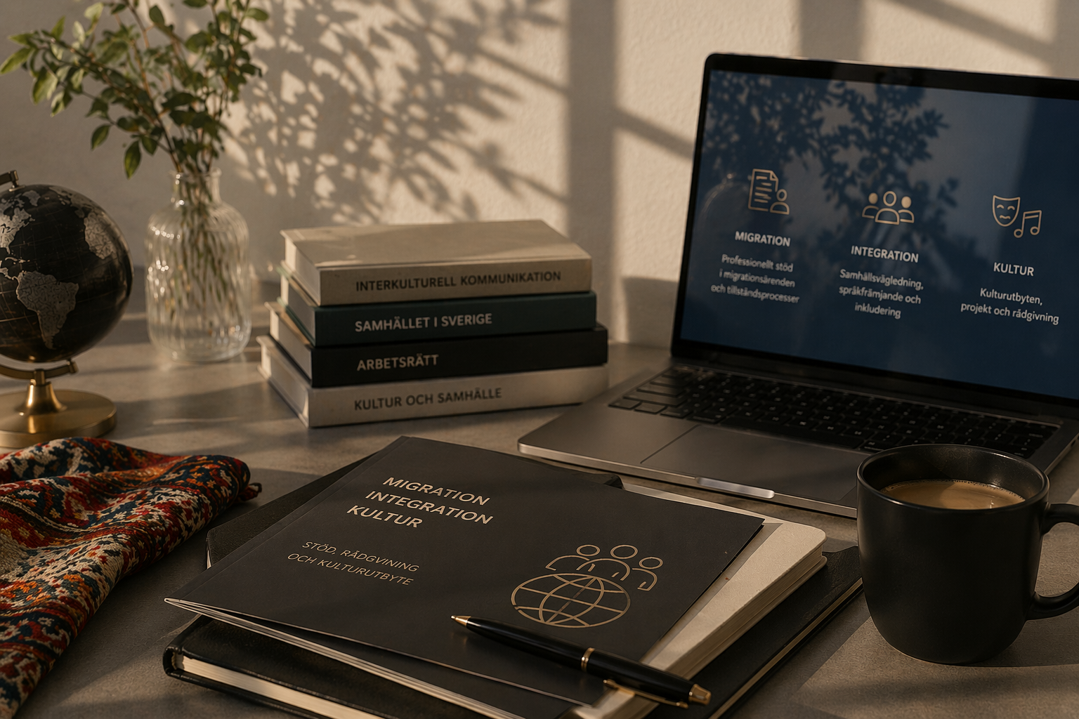 Skrivbord med laptop, staplade böcker om migration och integration, anteckningsbok och penna.